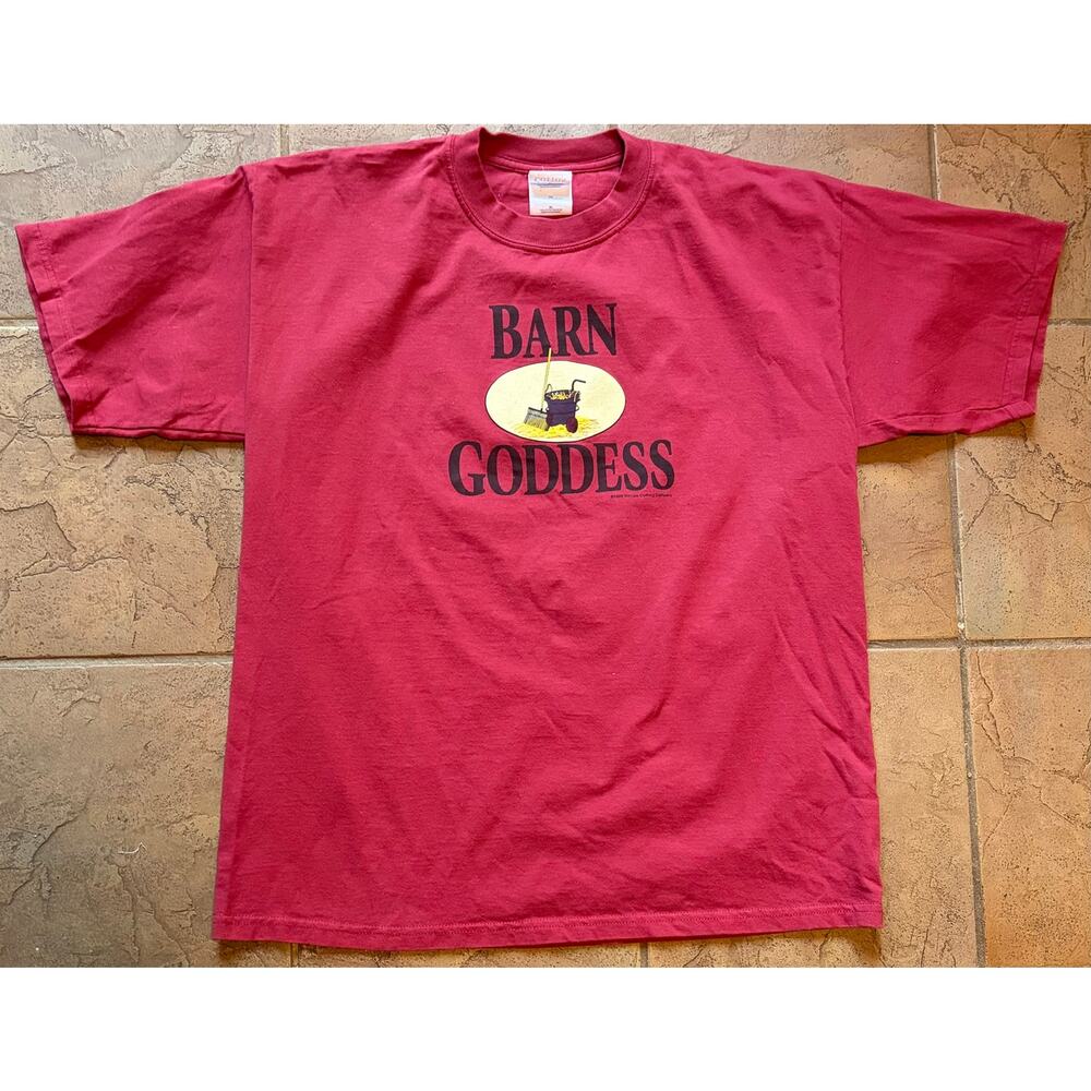 Vintage 1999 Barn Goddess T-Shirt XL Red Humor Graphic Tee Sirrups Clothing Co